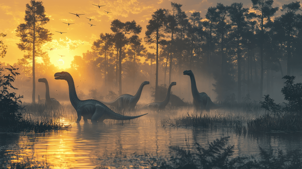 A group of Apatosaurus wading through fog