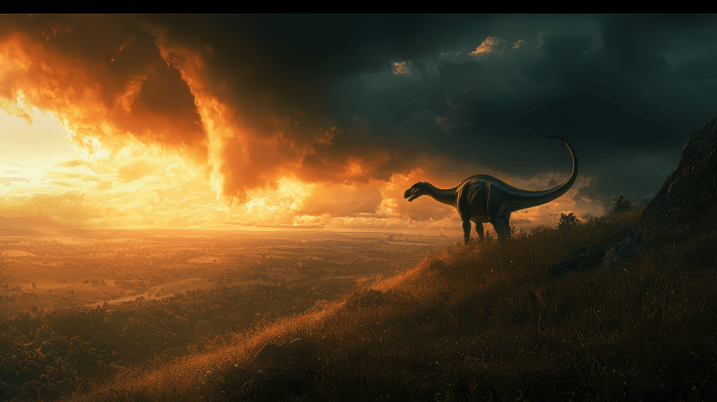 A single Apatosaurus standing on a hill overlooking