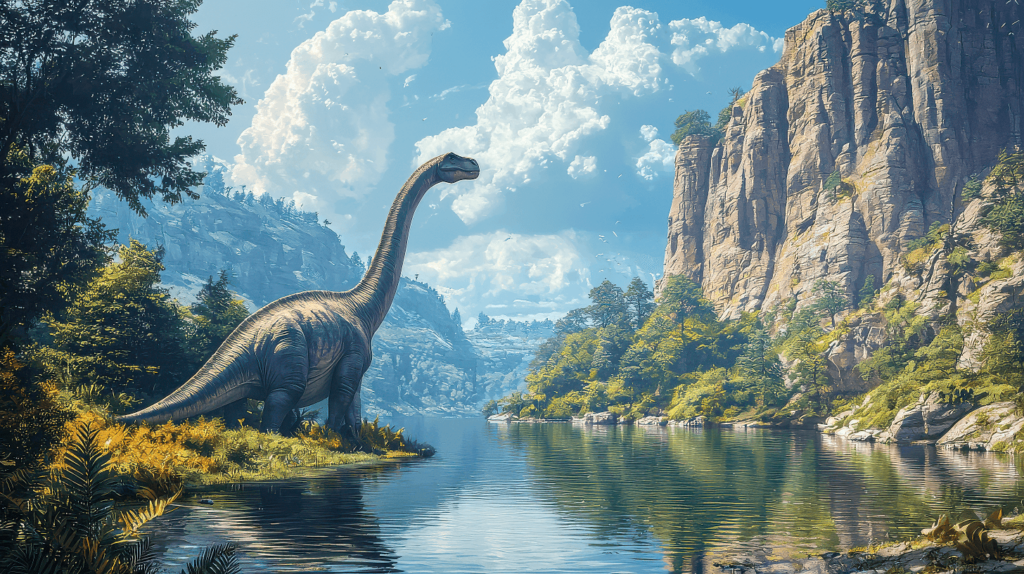 An Apatosaurus resting near a tranquil lake