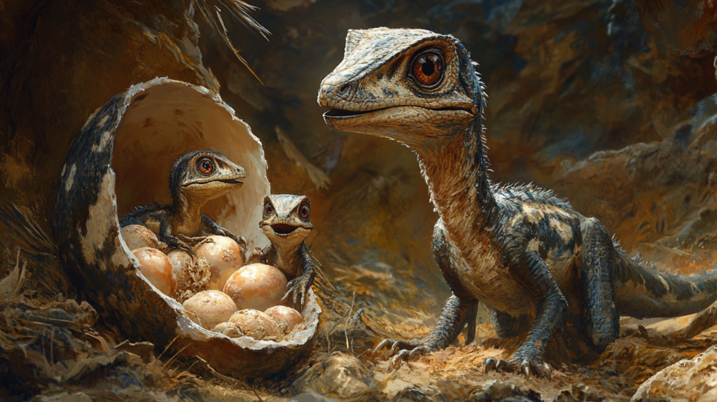 Deinonychus hatchlings breaking out of their eggs